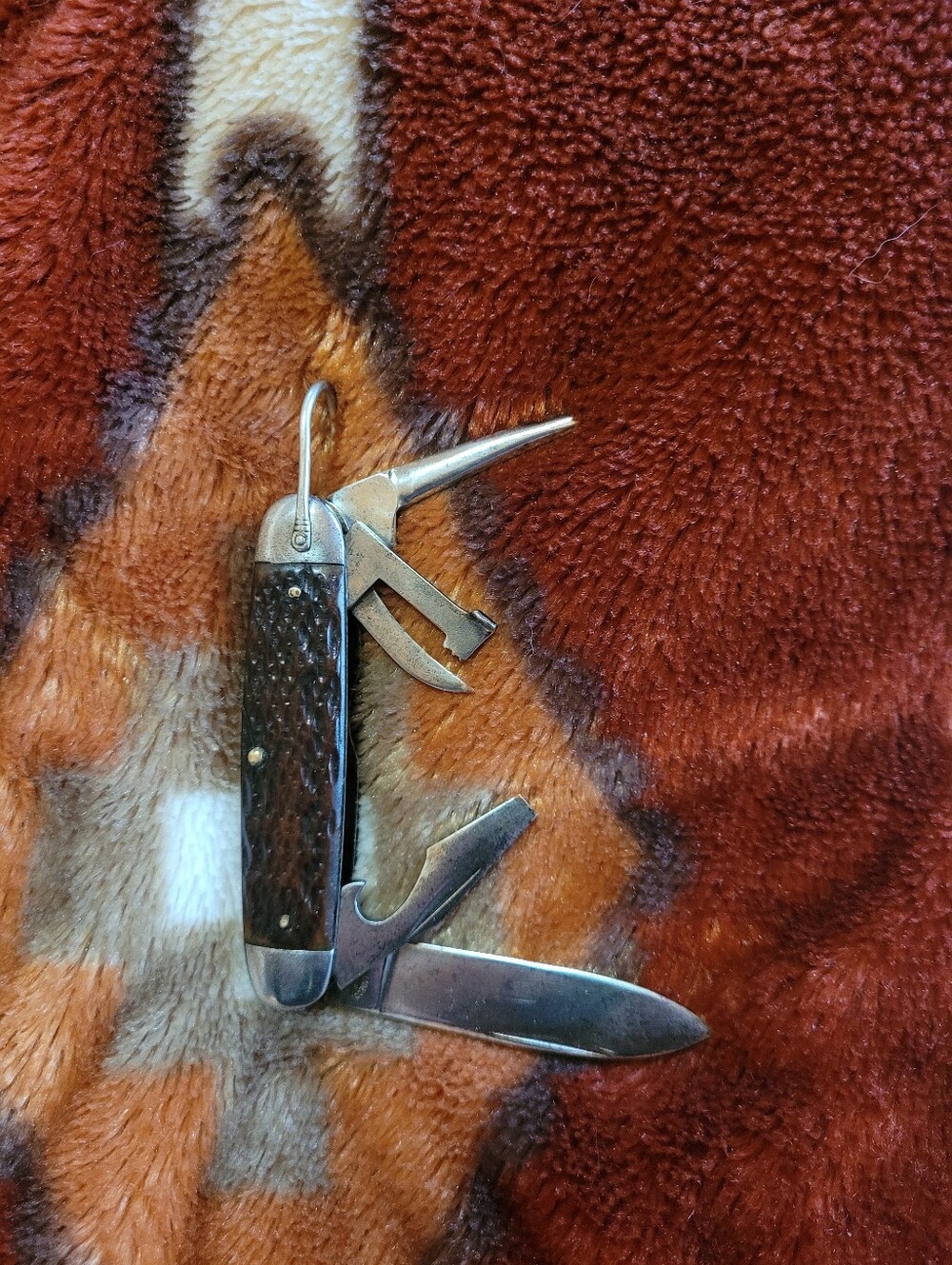 Pal Blade Co. WW2 Era 4 Blade Engineer Or Camp Knife With Brown Bone Scales USA.